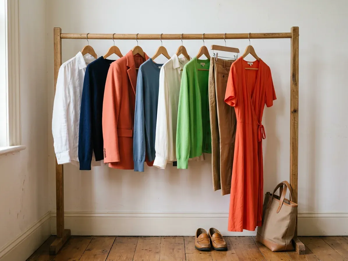 Bright Spring outfits: a capsule wardrobe in Bright Spring colors on a clothes rail
