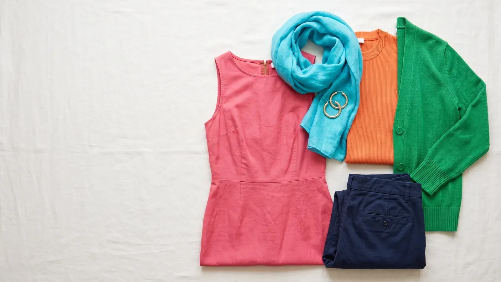 Bright Spring colors: clothes laid flat in the Bright Spring palette