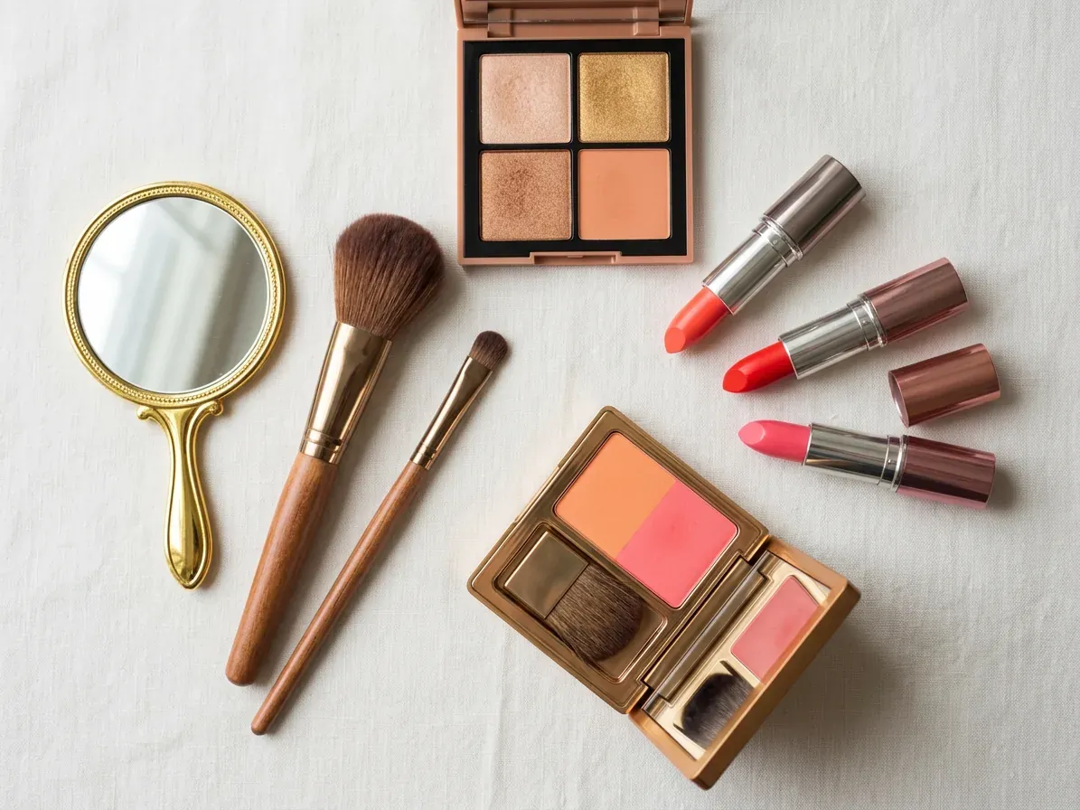 Bright Spring makeup: lipstick, blush and eyeshadow in Bright Spring shades