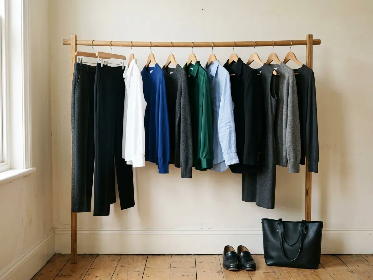 Cool Winter outfits: a capsule wardrobe in Cool Winter colors on a clothes rail