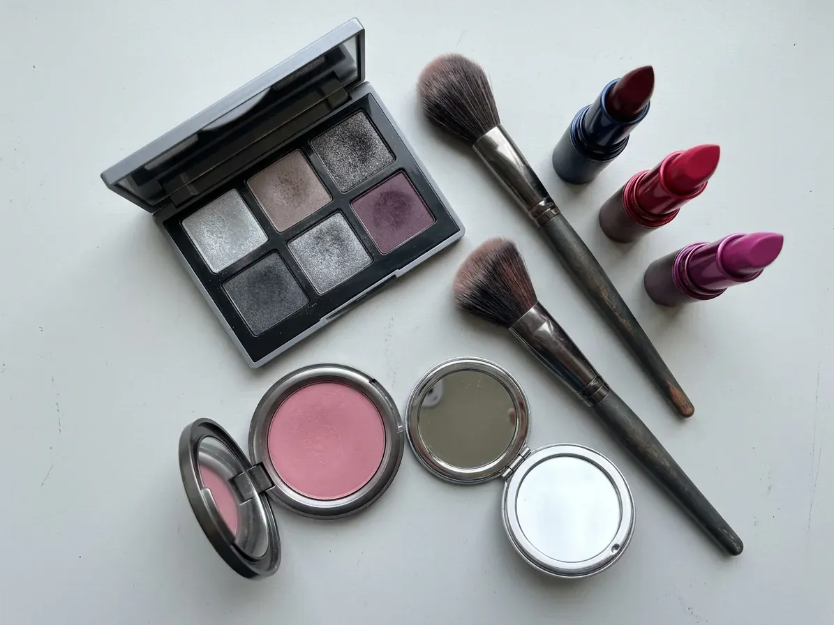 Cool Winter makeup: lipstick, blush and eyeshadow in Cool Winter shades