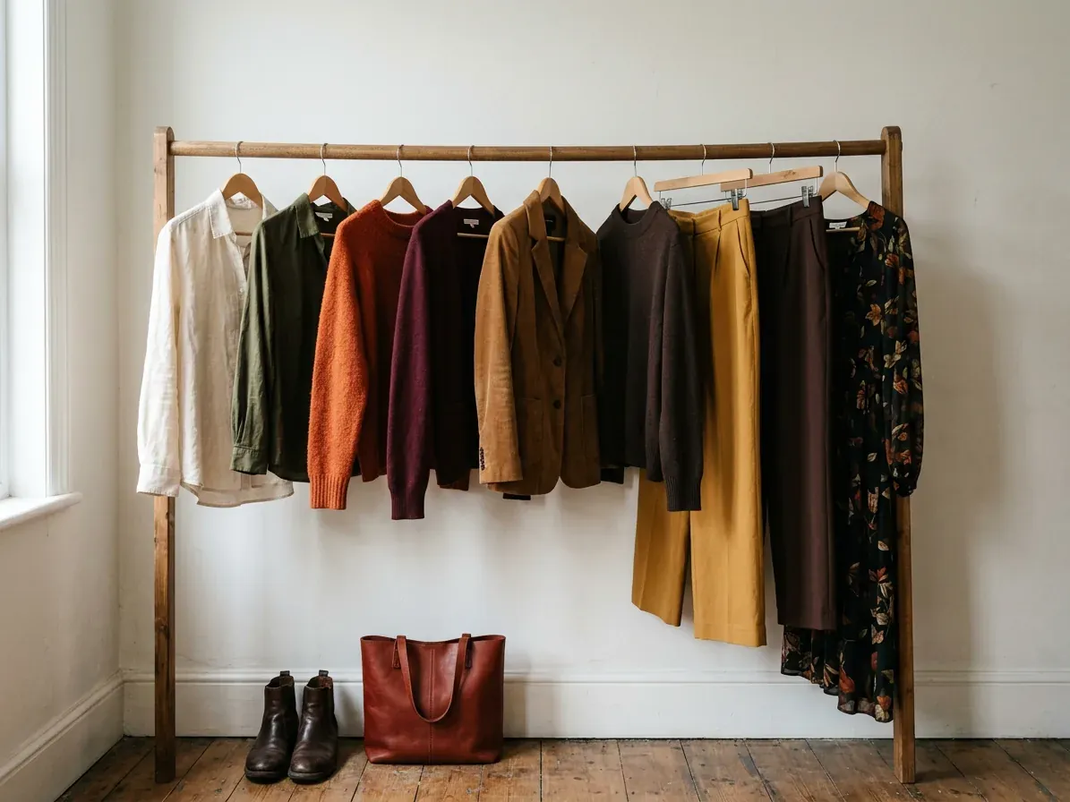 Deep Autumn outfits: a capsule wardrobe in Deep Autumn colors on a clothes rail