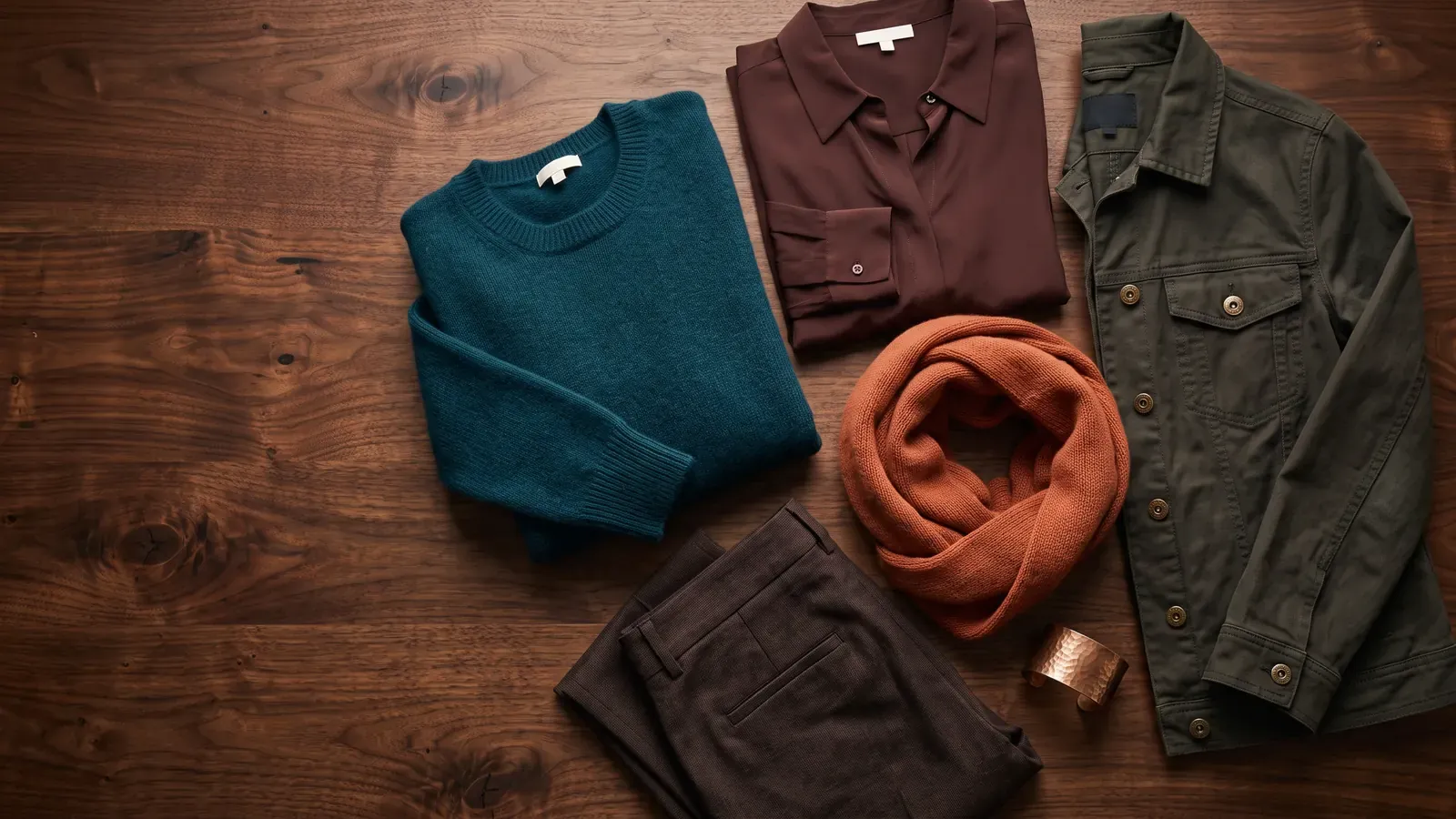 Deep Autumn colors: clothes laid flat in the Deep Autumn palette