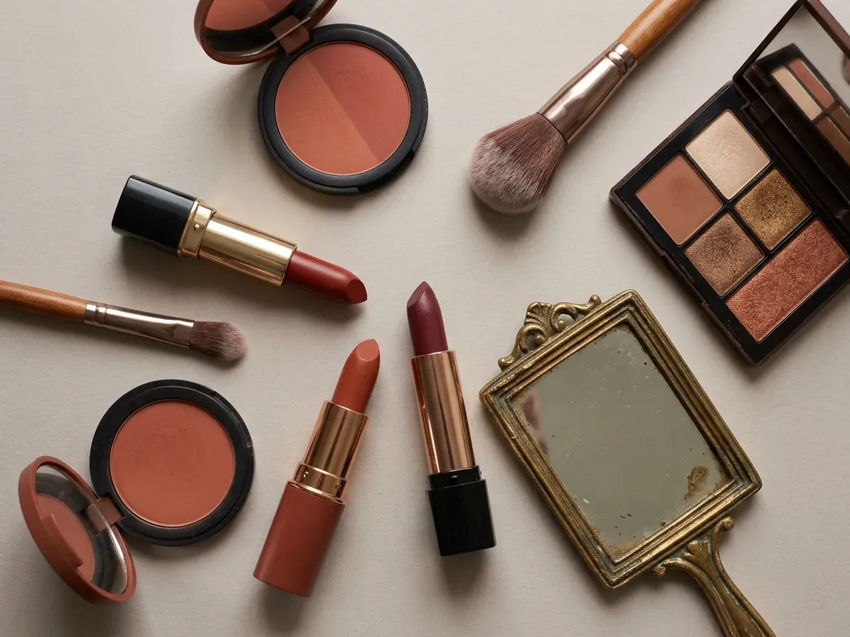 Deep Autumn makeup: lipstick, blush and eyeshadow in Deep Autumn shades