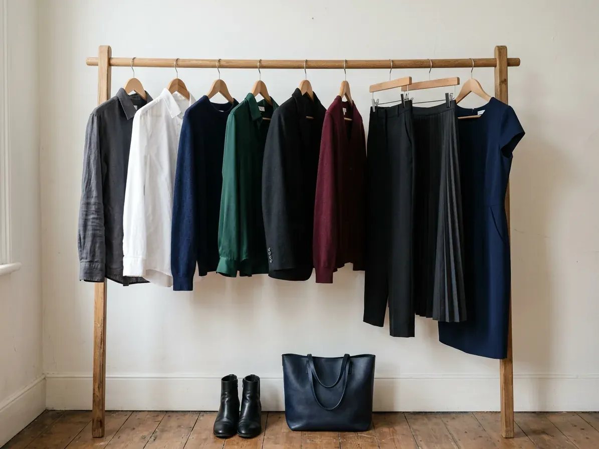 Deep Winter outfits: a capsule wardrobe in Deep Winter colors on a clothes rail