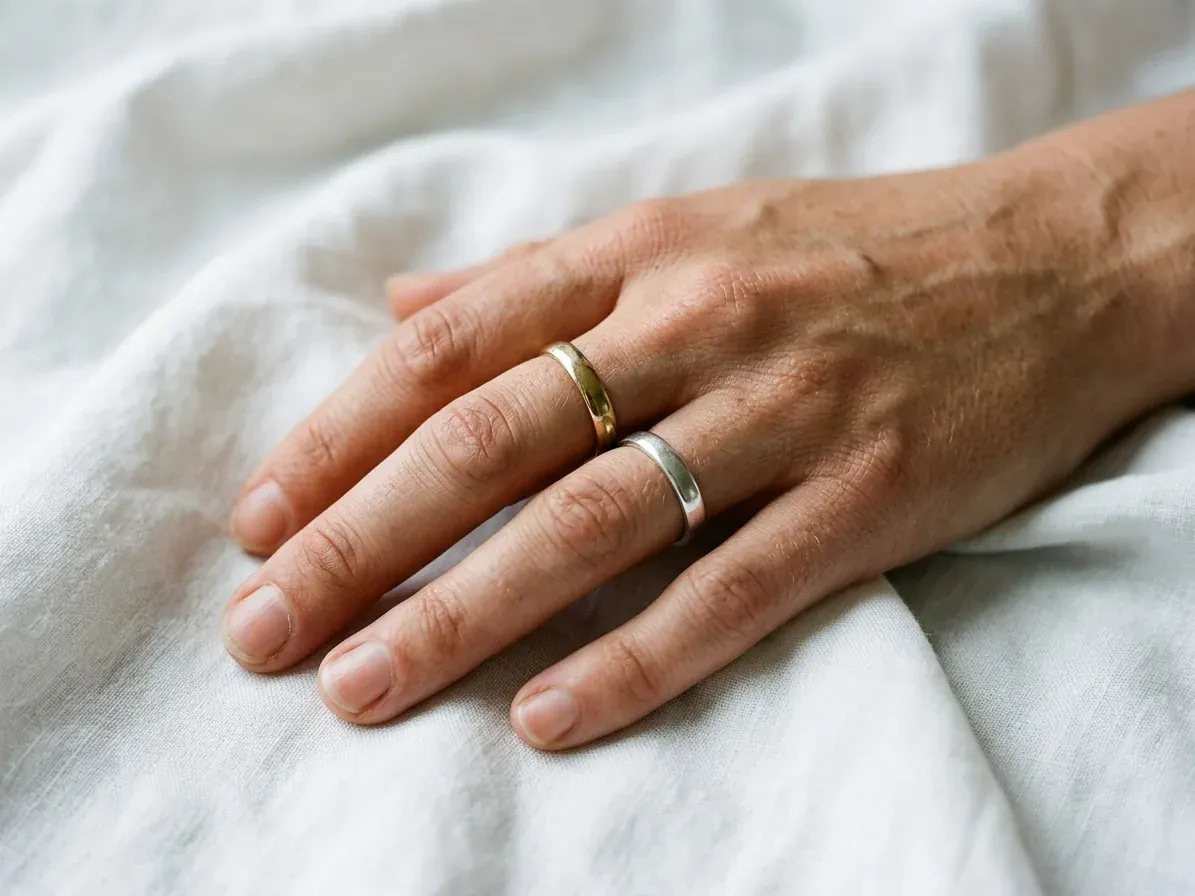 Gold or silver: a gold ring and a silver ring worn on one hand