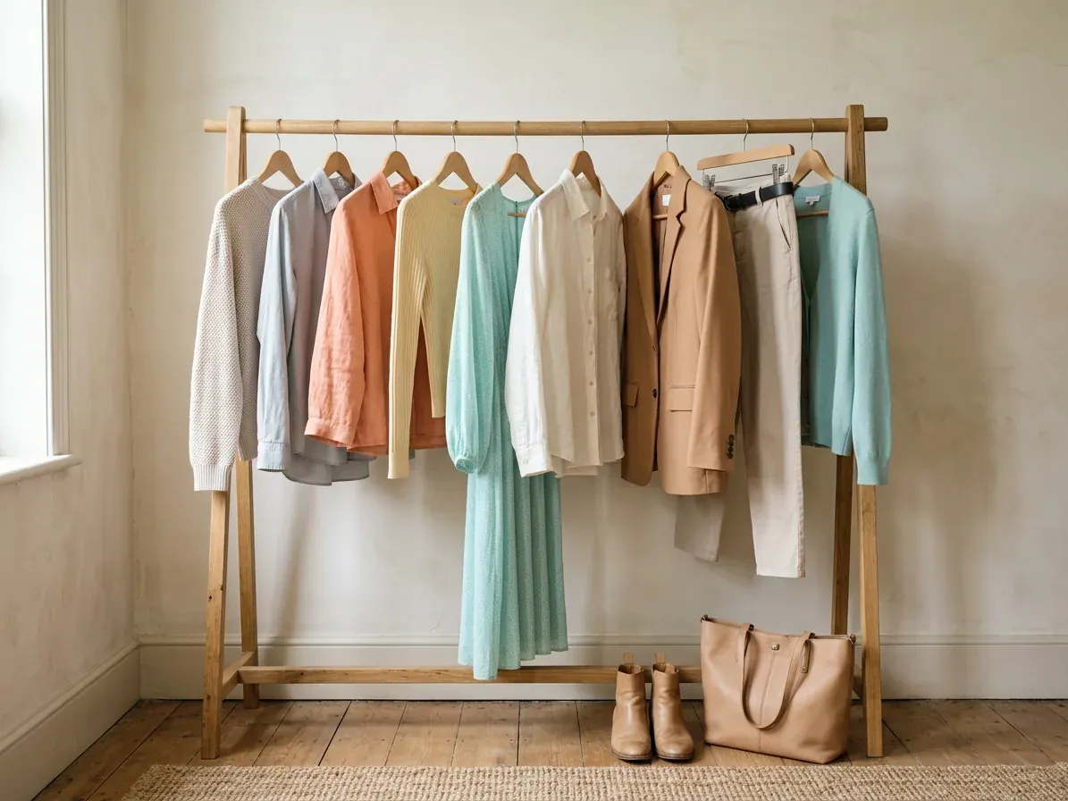 Light Spring outfits: a capsule wardrobe in Light Spring colors on a clothes rail