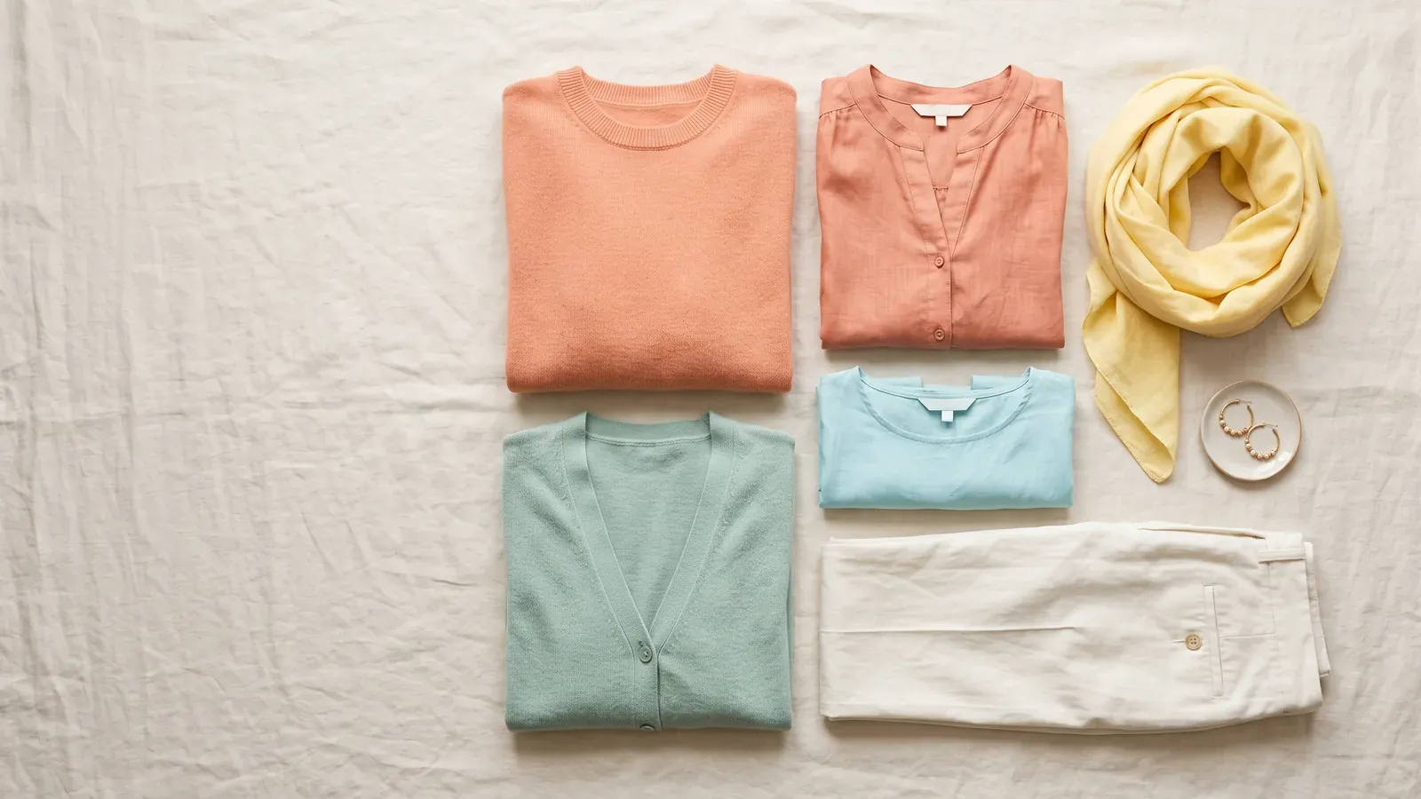 Light Spring colors: clothes laid flat in the Light Spring palette