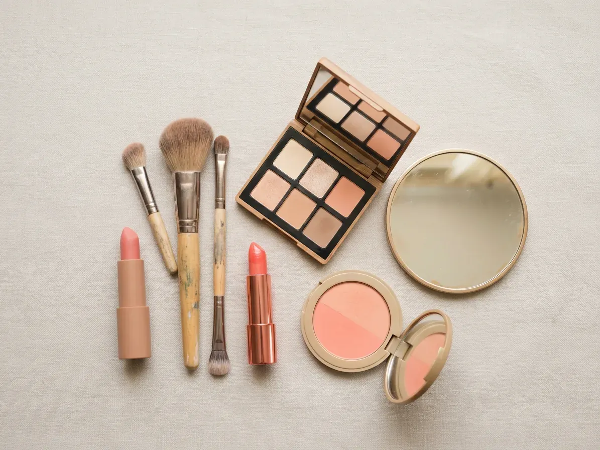 Light Spring makeup: lipstick, blush and eyeshadow in Light Spring shades
