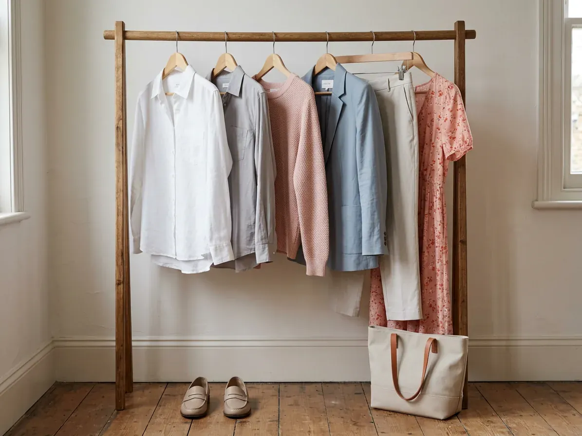 Light Summer outfits: a capsule wardrobe in Light Summer colors on a clothes rail