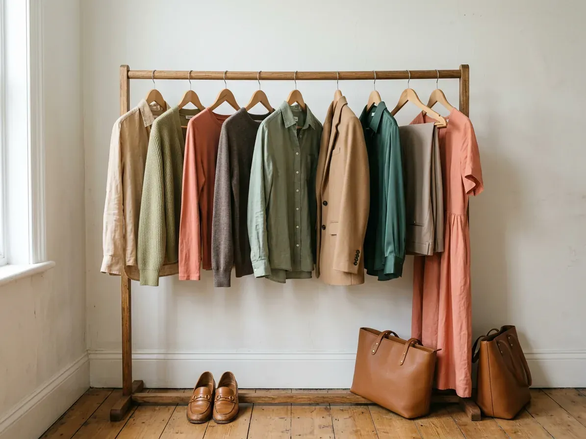 Soft Autumn outfits: a capsule wardrobe in Soft Autumn colors on a clothes rail