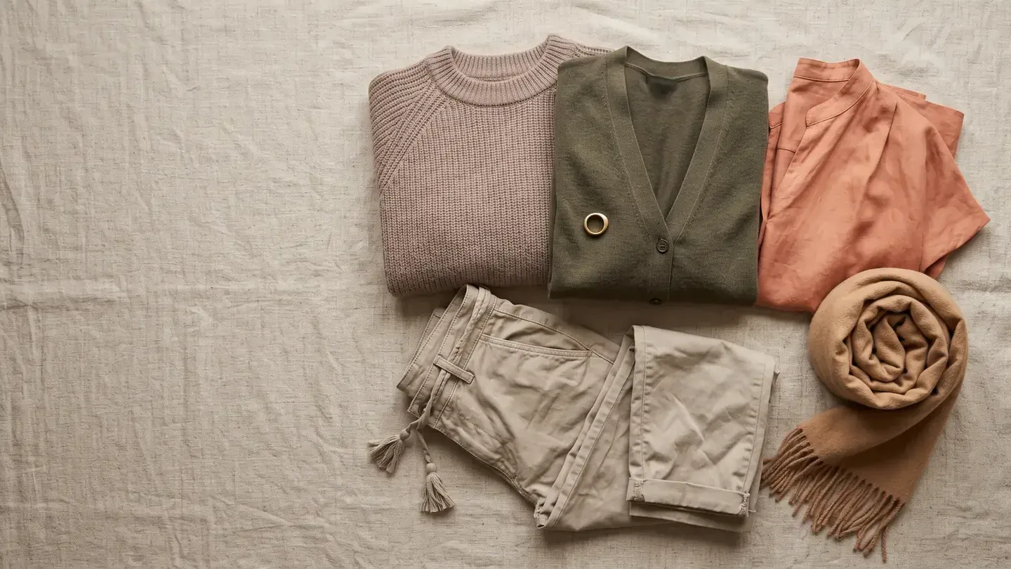 Soft Autumn colors: clothes laid flat in the Soft Autumn palette
