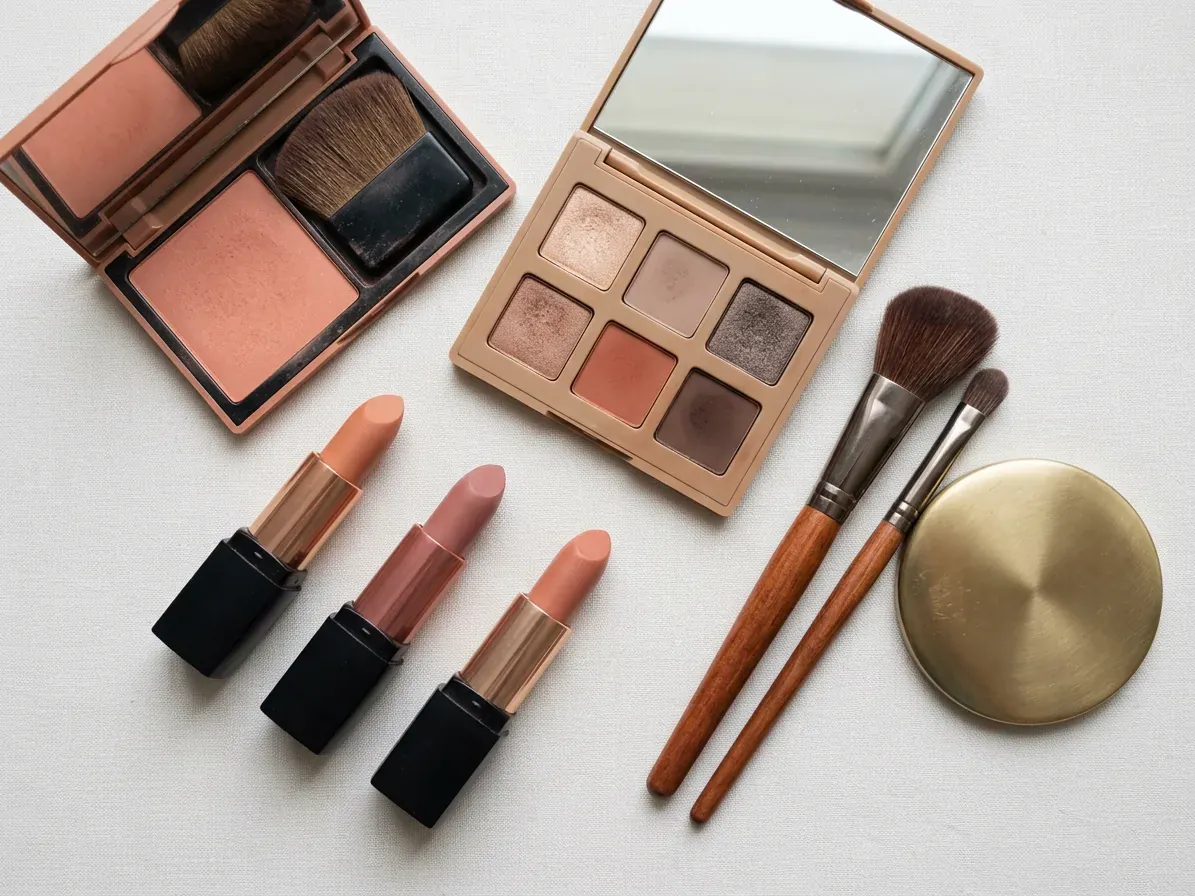 Soft Autumn makeup: lipstick, blush and eyeshadow in Soft Autumn shades
