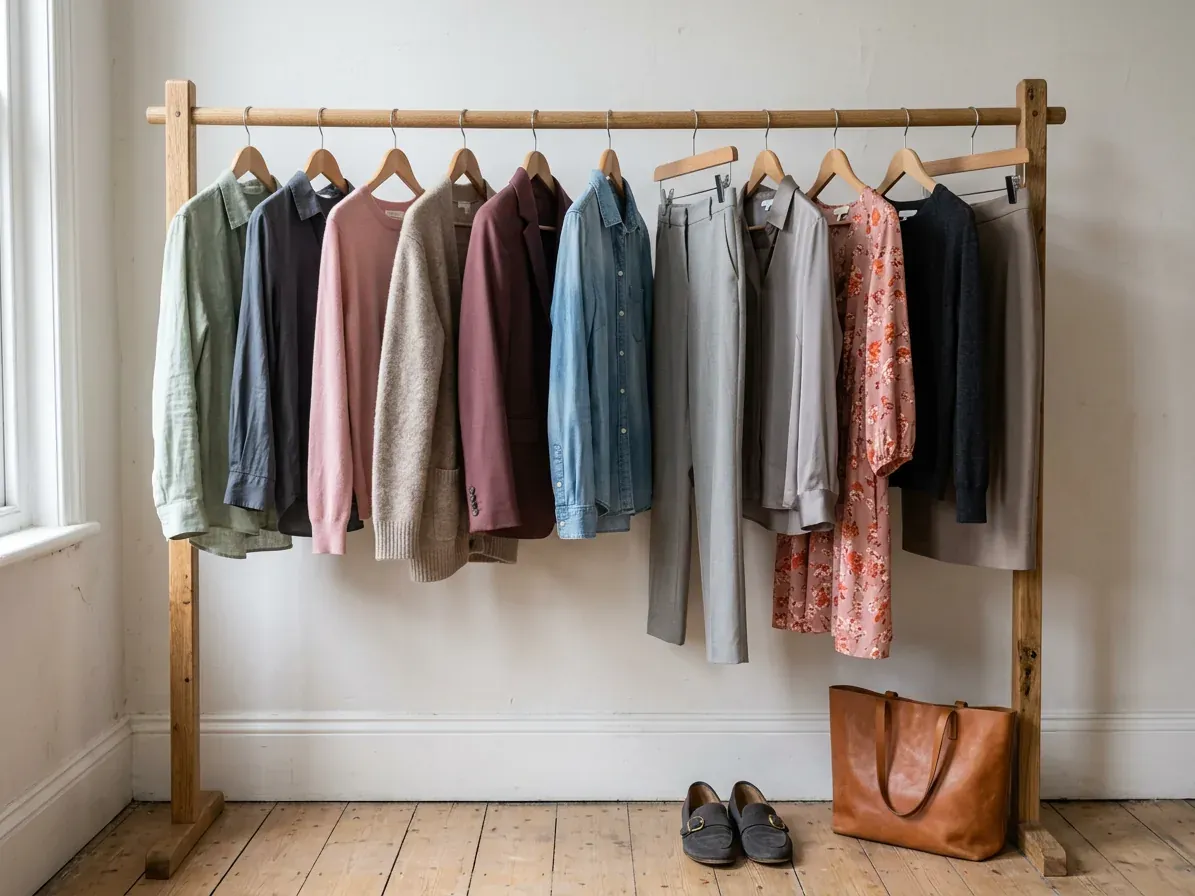 Soft Summer outfits: a capsule wardrobe in Soft Summer colors on a clothes rail