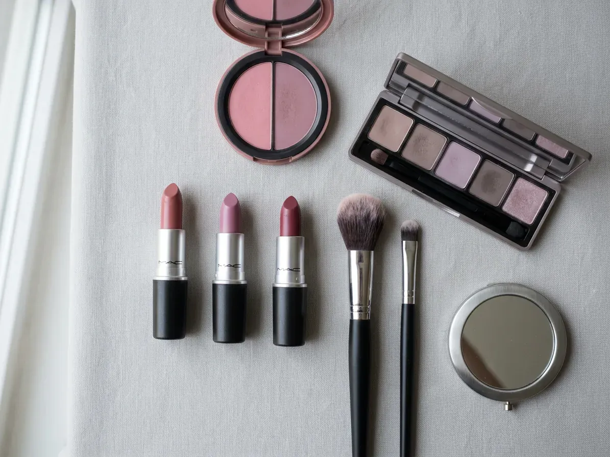 Soft Summer makeup: lipstick, blush and eyeshadow in Soft Summer shades