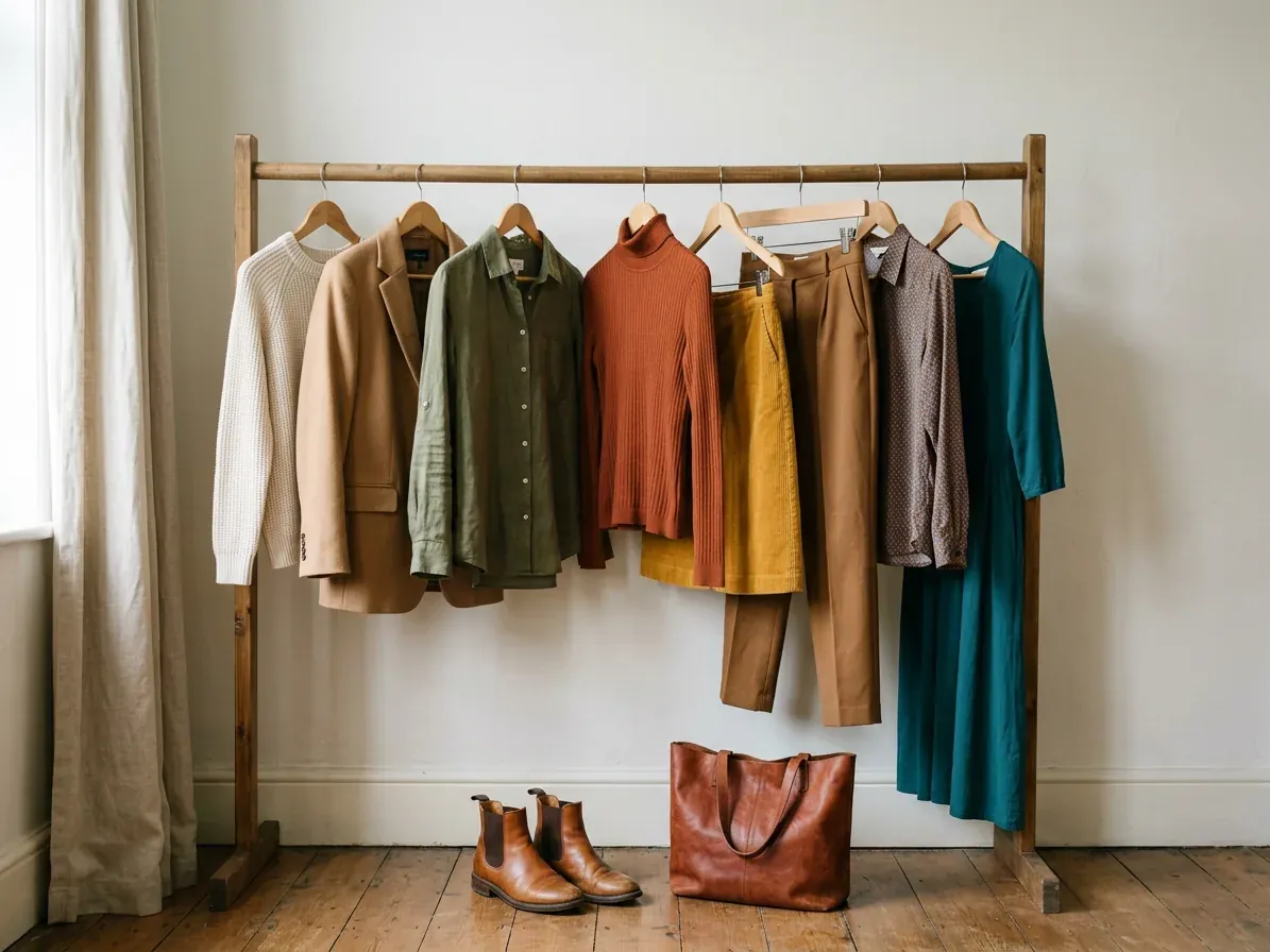Warm Autumn outfits: a capsule wardrobe in Warm Autumn colors on a clothes rail