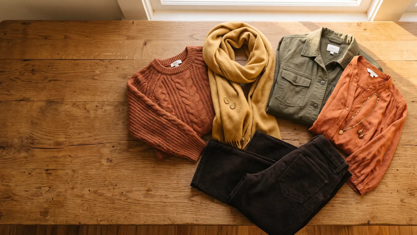Warm Autumn colors: clothes laid flat in the Warm Autumn palette