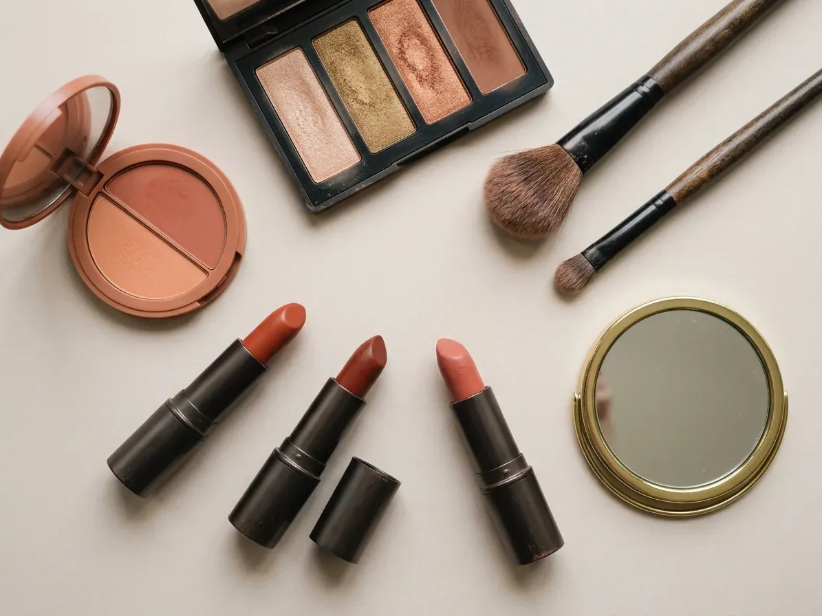 Warm Autumn makeup: lipstick, blush and eyeshadow in Warm Autumn shades