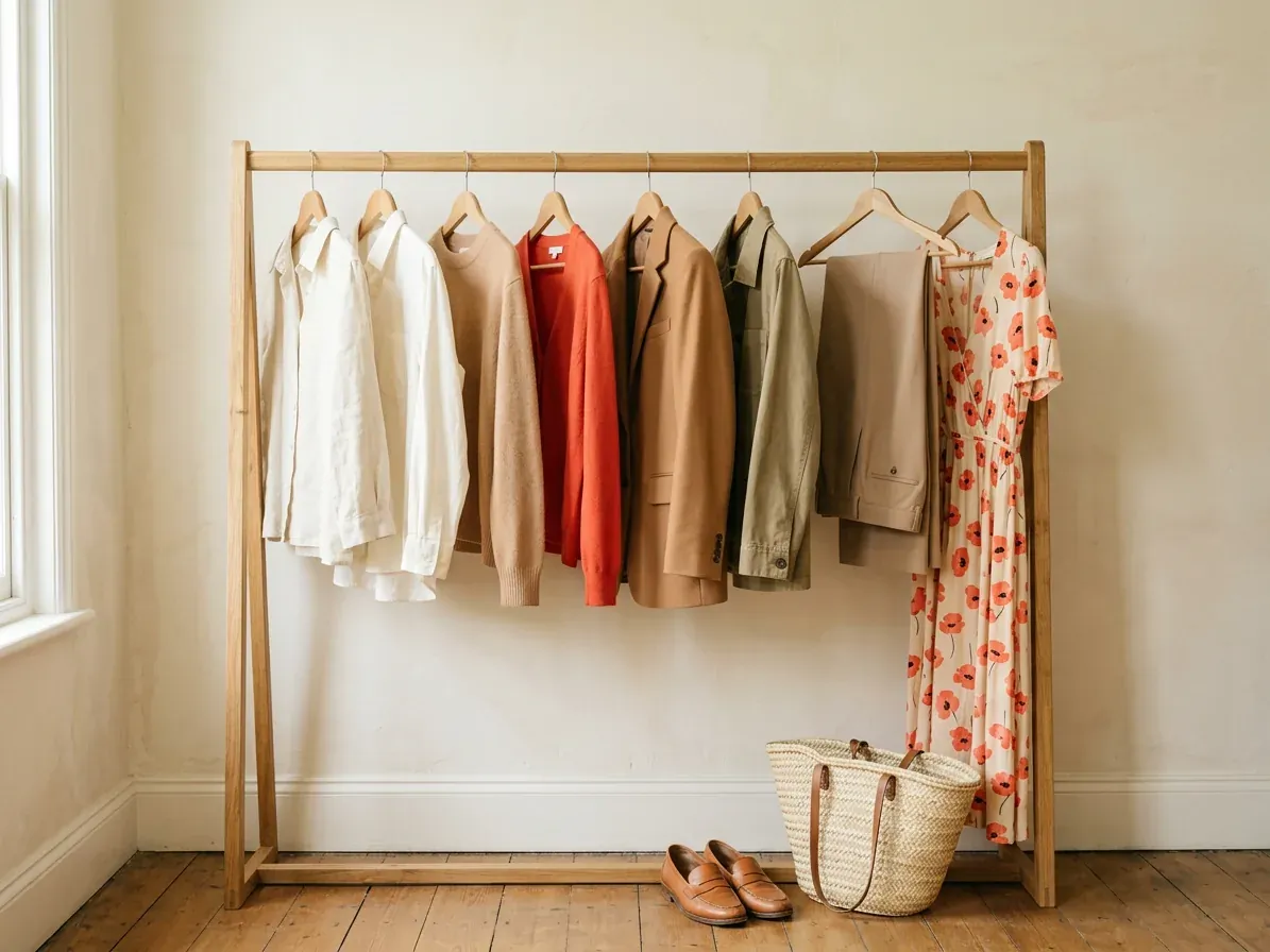 Warm Spring outfits: a capsule wardrobe in Warm Spring colors on a clothes rail