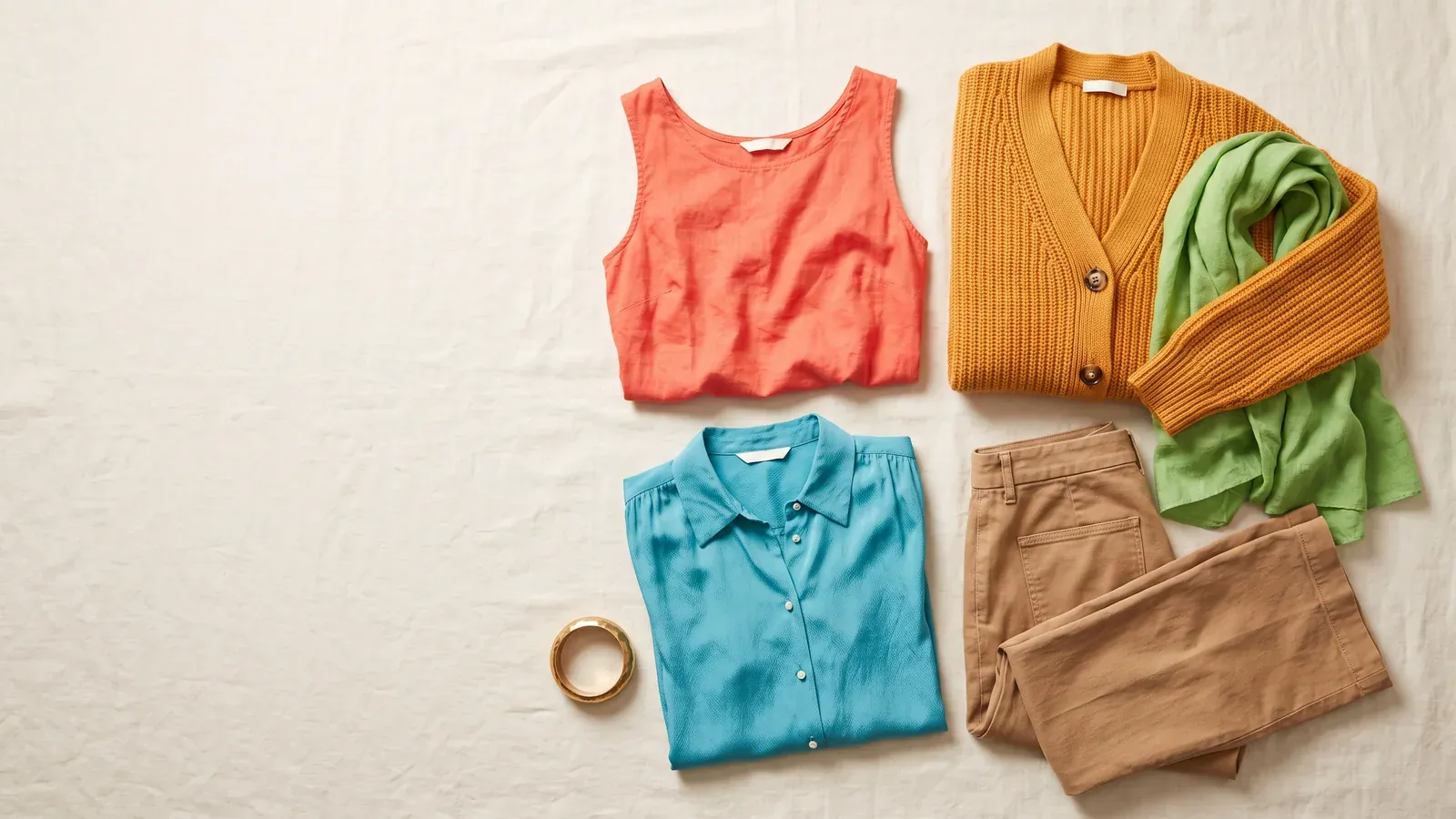 Warm Spring colors: clothes laid flat in the Warm Spring palette