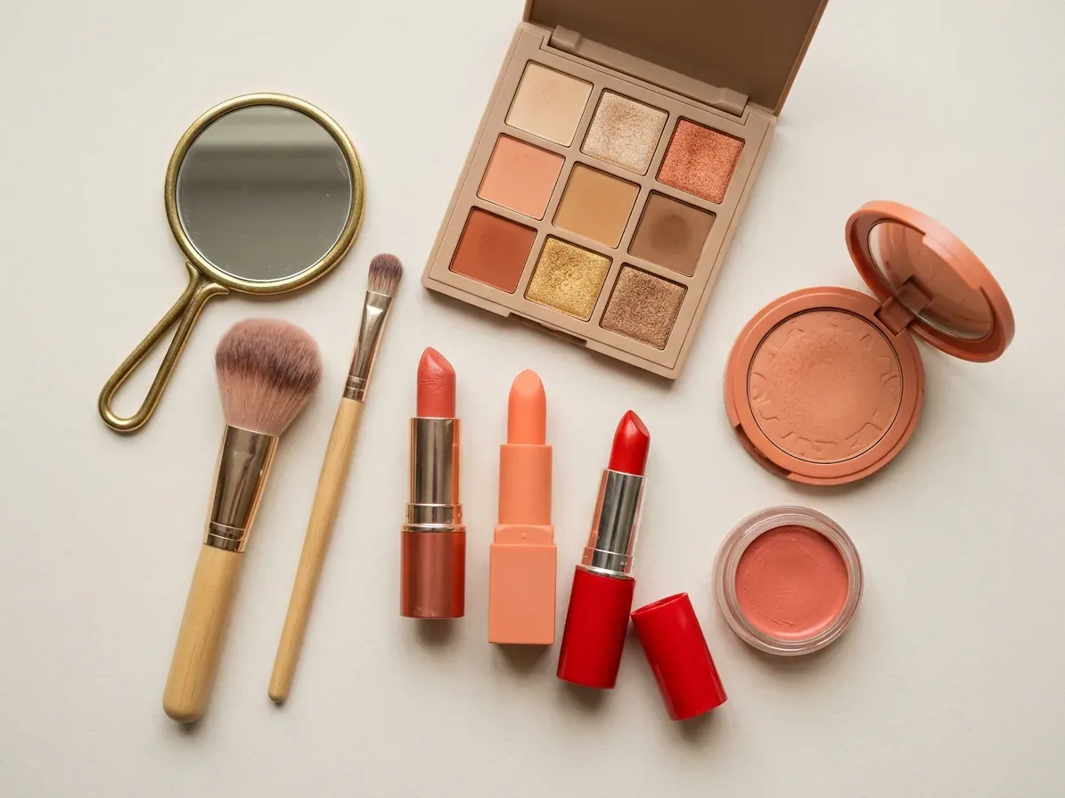Warm Spring makeup: lipstick, blush and eyeshadow in Warm Spring shades